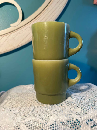Anchor Hocking Avocado Green Coffee Mugs | Pair | Vintage Oven-Proof D-Handle