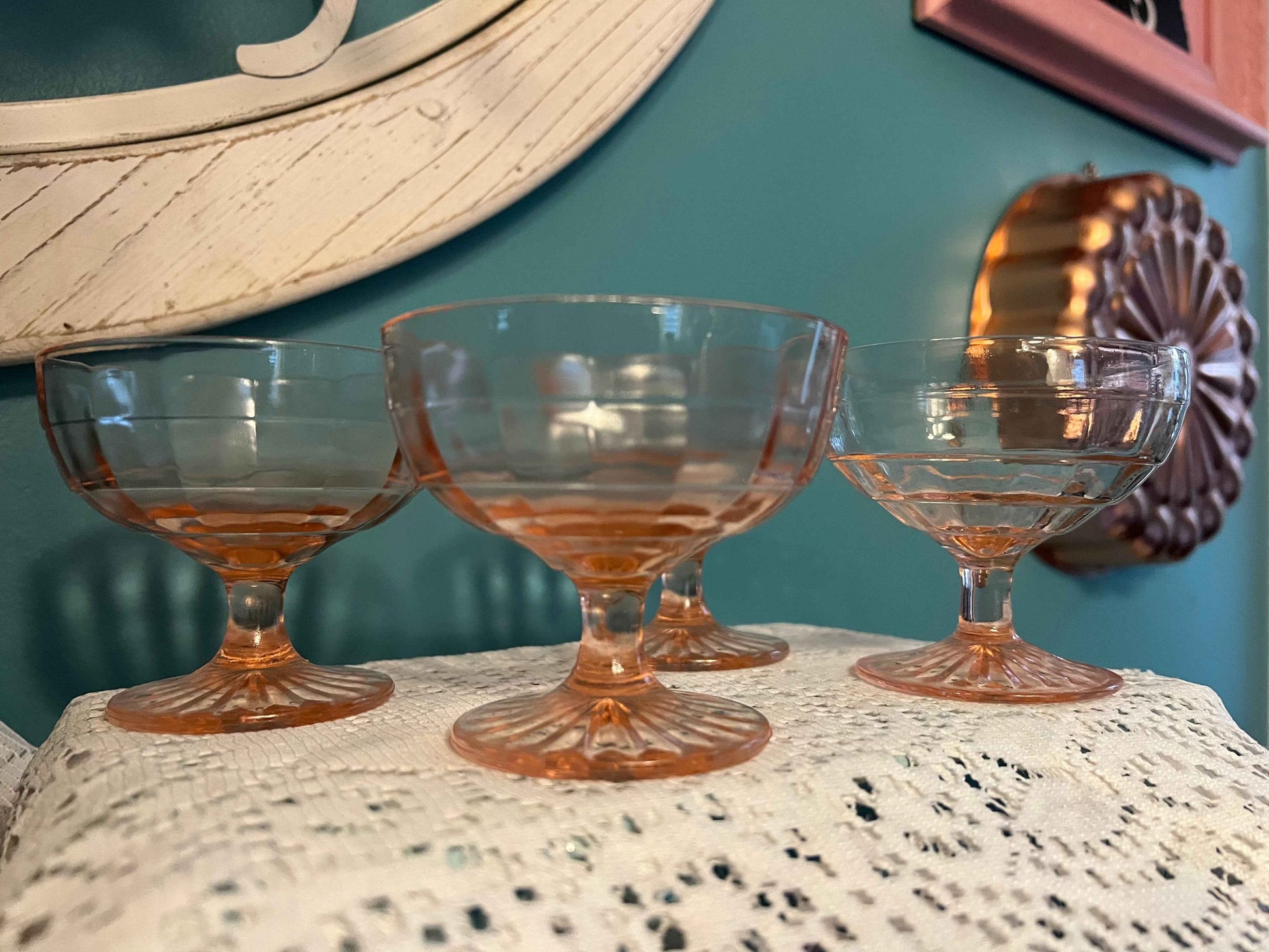Anchor Hocking Block Optic Champagne & Tall Sherbert Cups | Vintage Pink Depression Glass