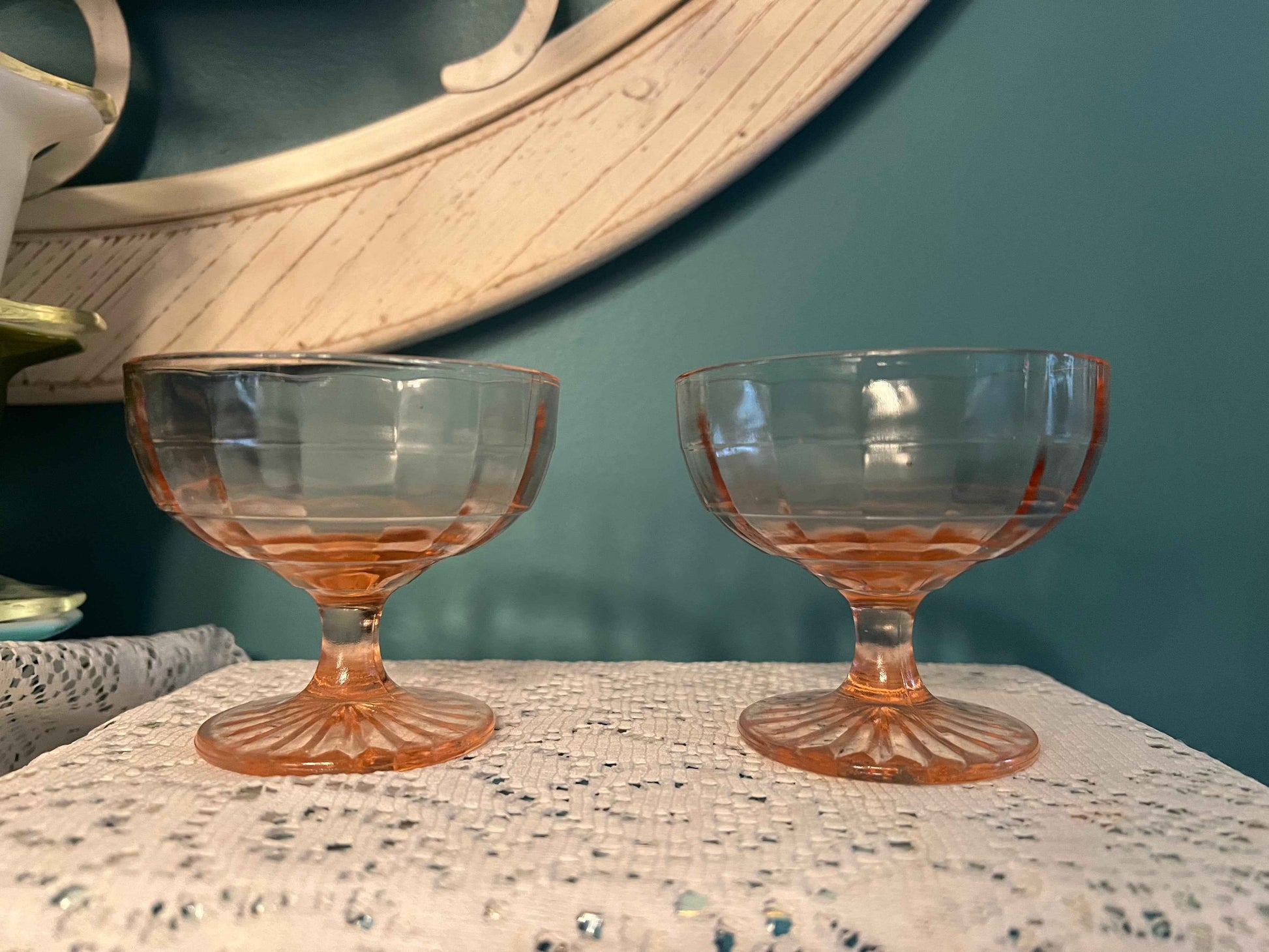 Anchor Hocking Block Optic Champagne & Tall Sherbert Cups | Vintage Pink Depression Glass