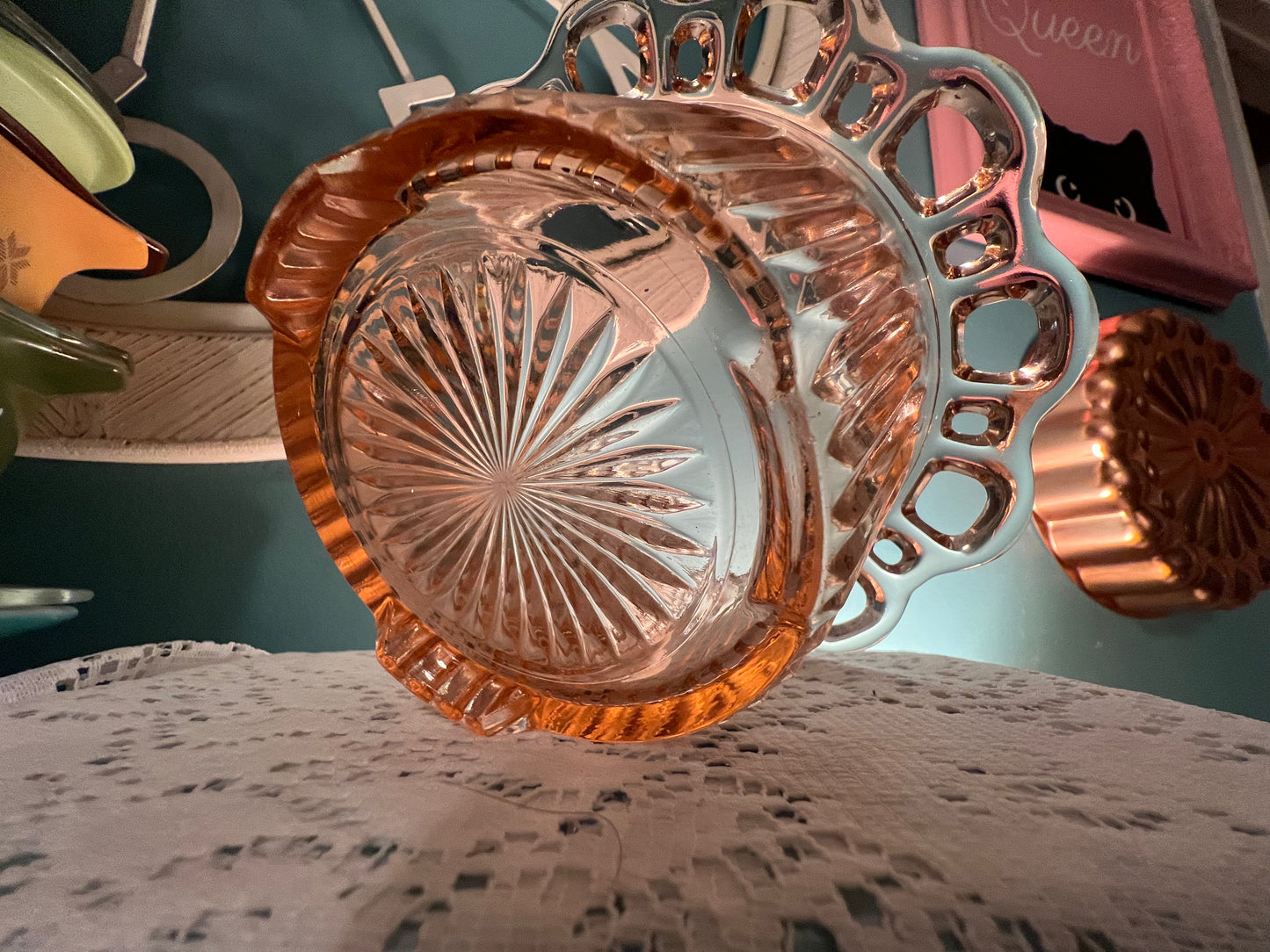 Antique lace edge pink glass planter, fruit bowl, or centerpiece display