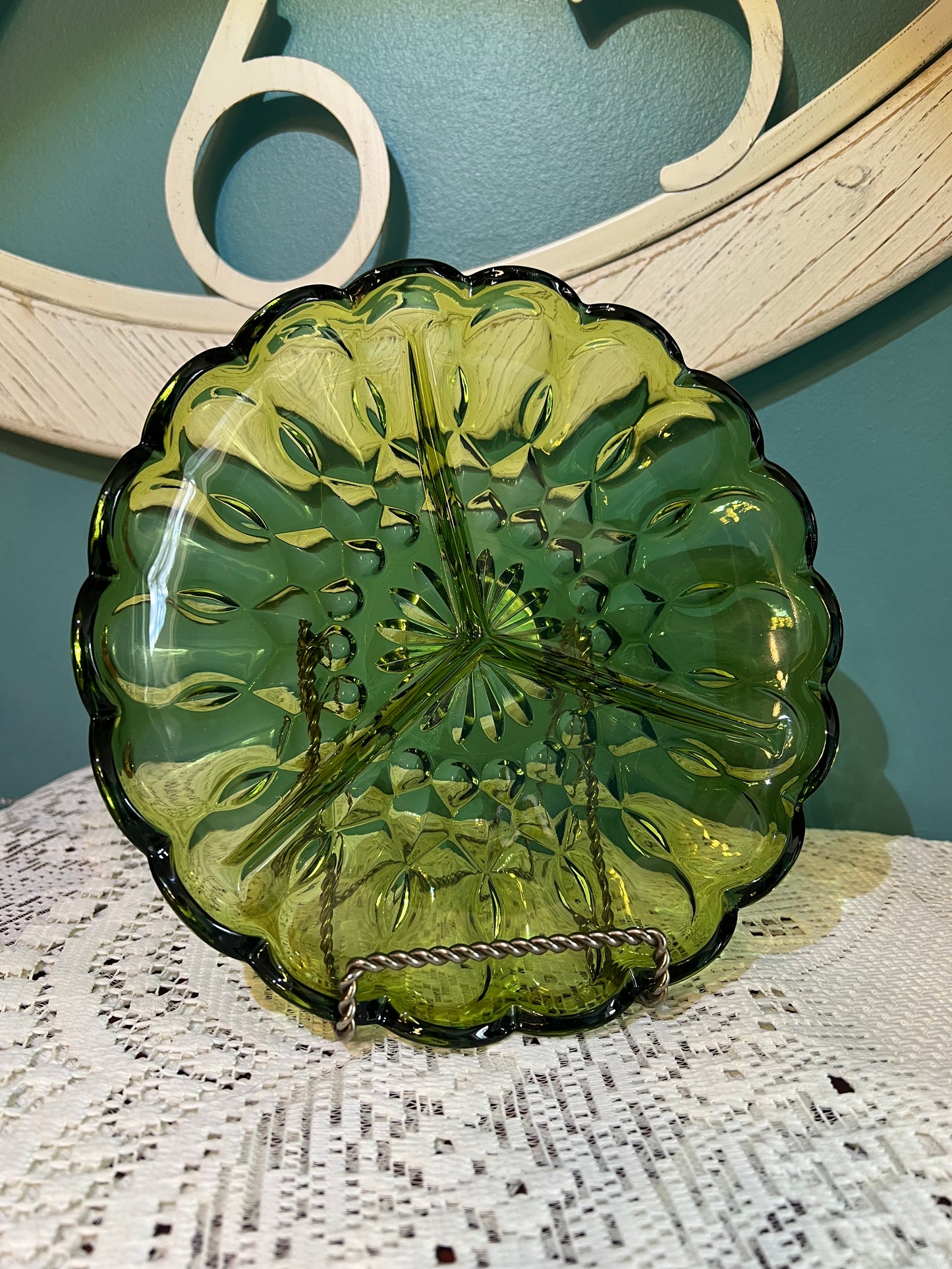 Vintage Anchor Hocking Fairfield Green Glass Divided Plate with Scalloped Rim | Vintage Glassware