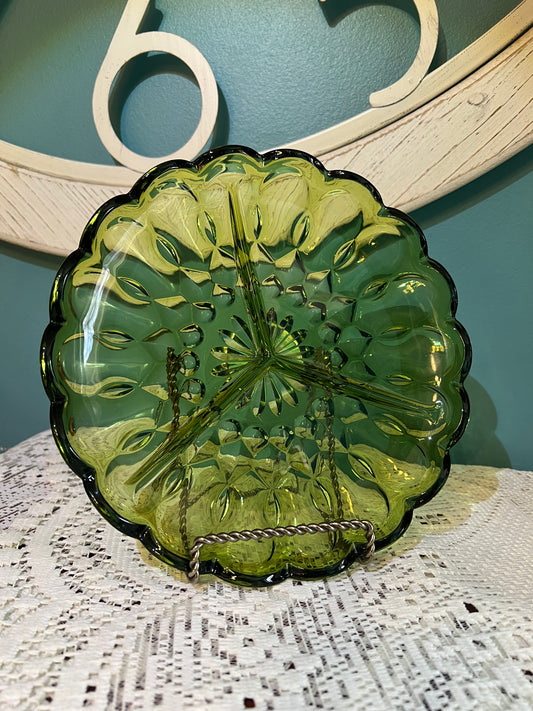 Vintage Anchor Hocking Fairfield Green Glass Divided Plate with Scalloped Rim | Vintage Glassware