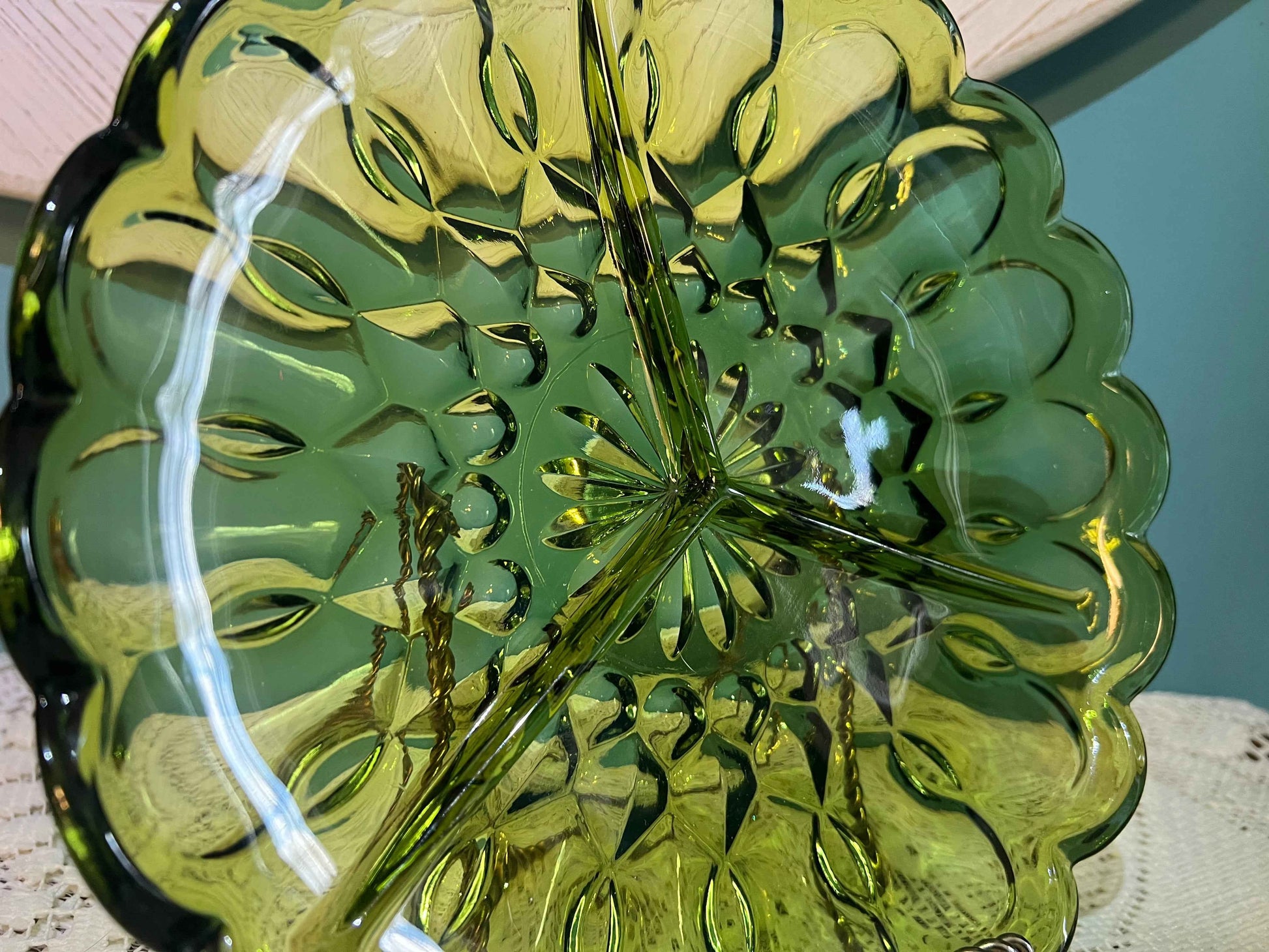 Vintage Anchor Hocking Fairfield Green Glass Divided Plate with Scalloped Rim | Vintage Glassware