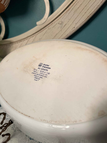 Anchor Hocking Ovenware Au Gratin Casserole Dish | 1 Quart | Vintage Floret Pattern