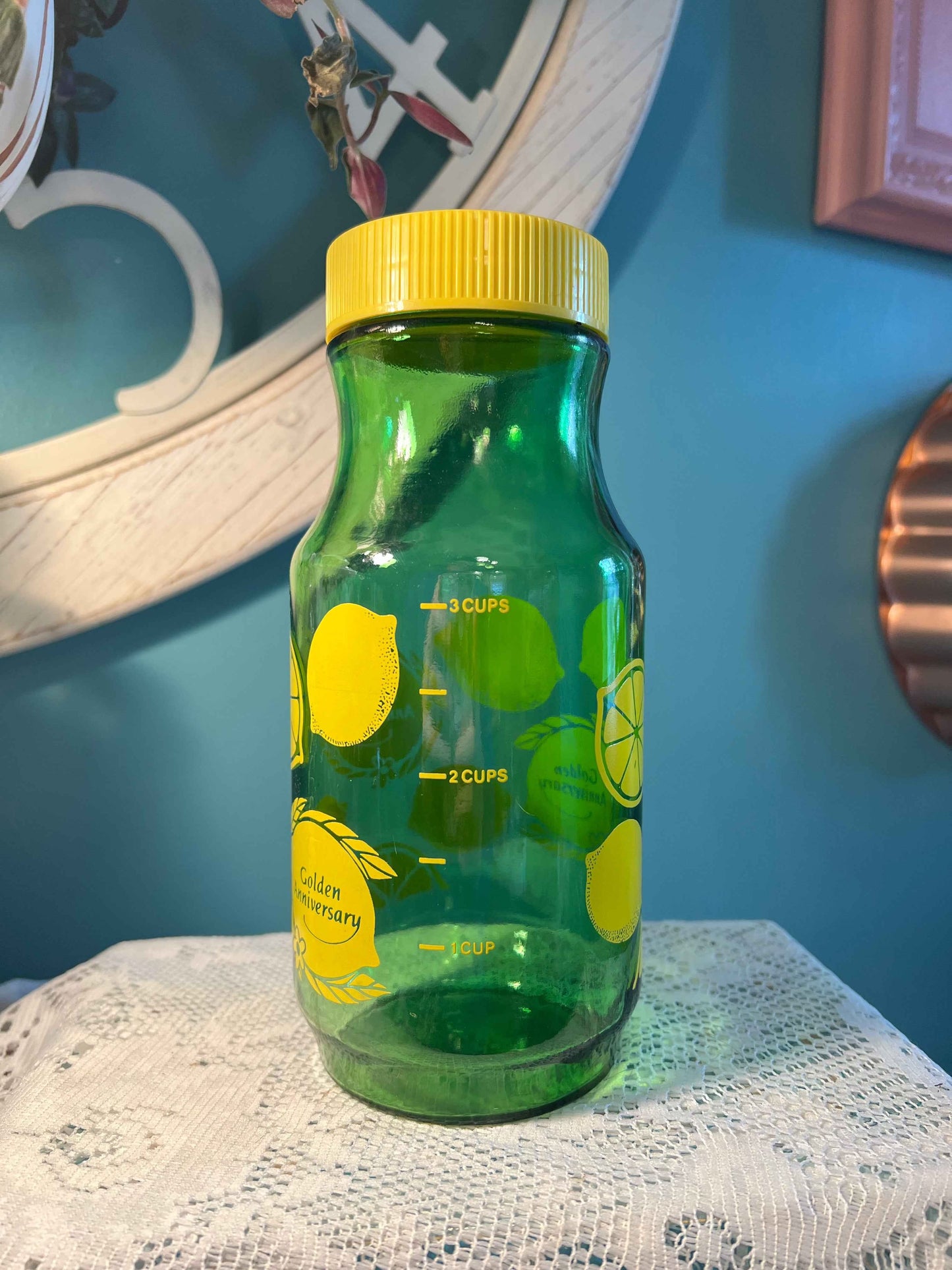 Vintage Anchor Hocking Green Glass Lemonade Pitcher | Golden Anniversary | 8.5" | Collectible Glassware