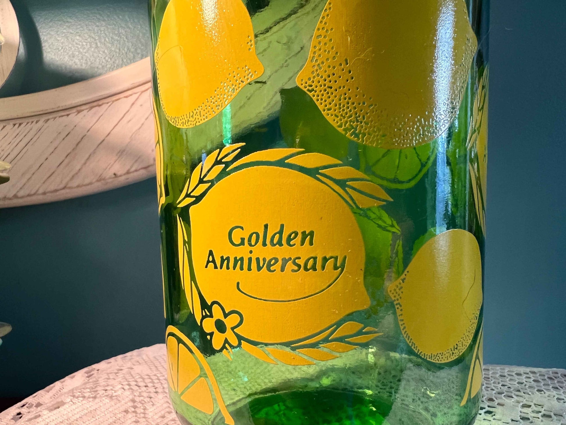 Vintage Anchor Hocking Green Glass Lemonade Pitcher | Golden Anniversary | 8.5" | Collectible Glassware