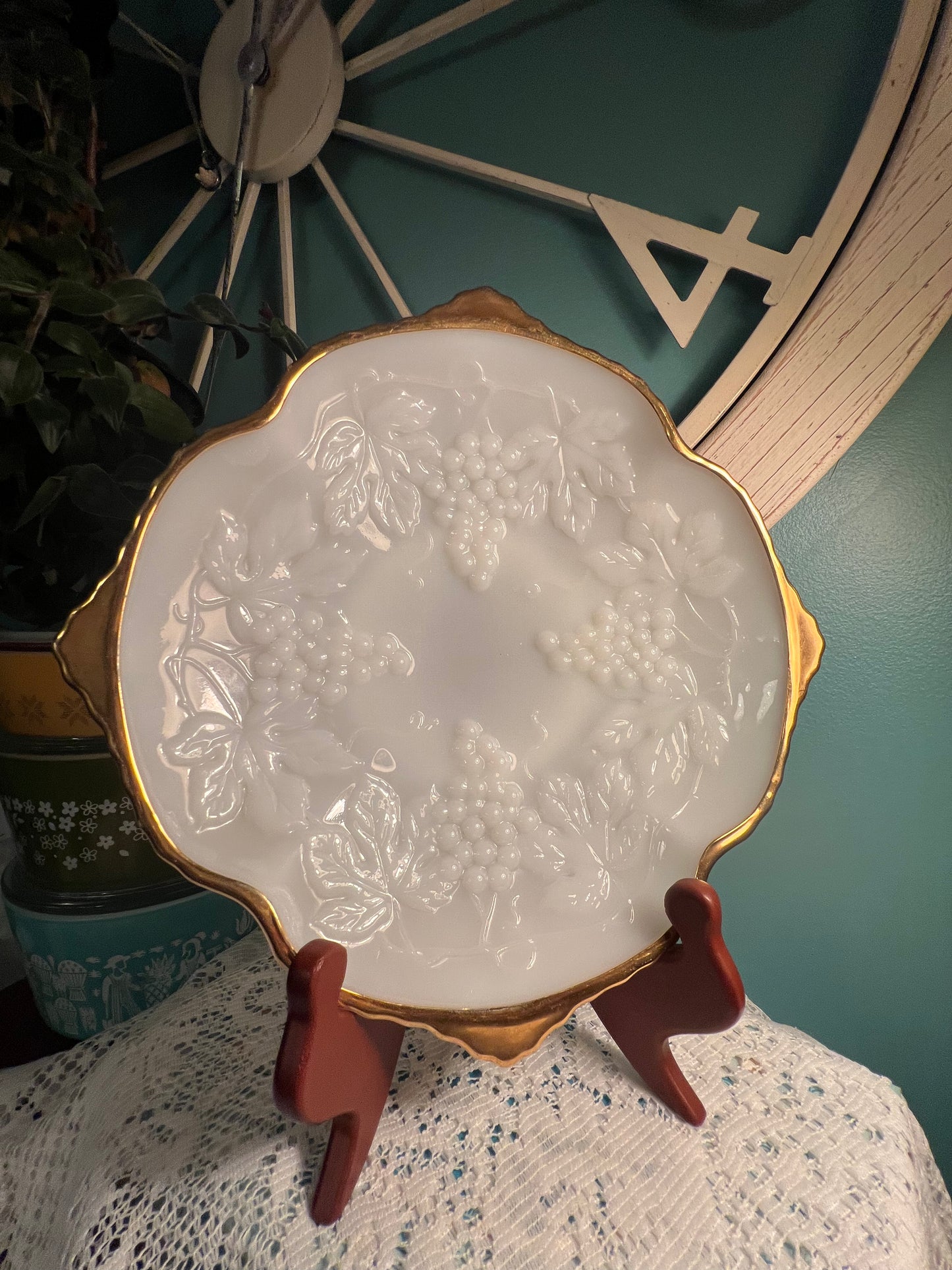 Vintage Anchor Hocking milk glass footed fruit bowl with gold-trimmed Grape Harvest pattern