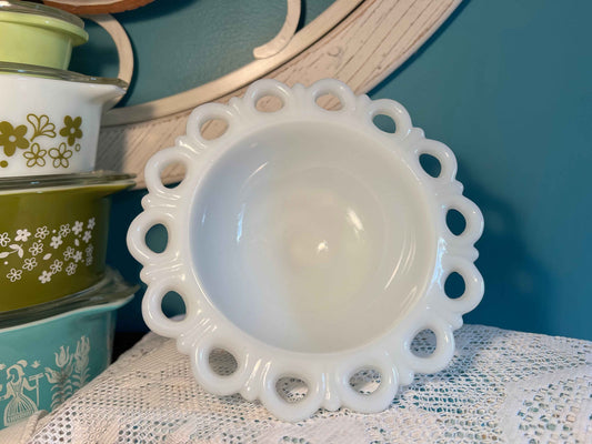 Vintage Anchor Hocking Lace Edge Milk Glass Bowl | Old Colony Candy Dish
