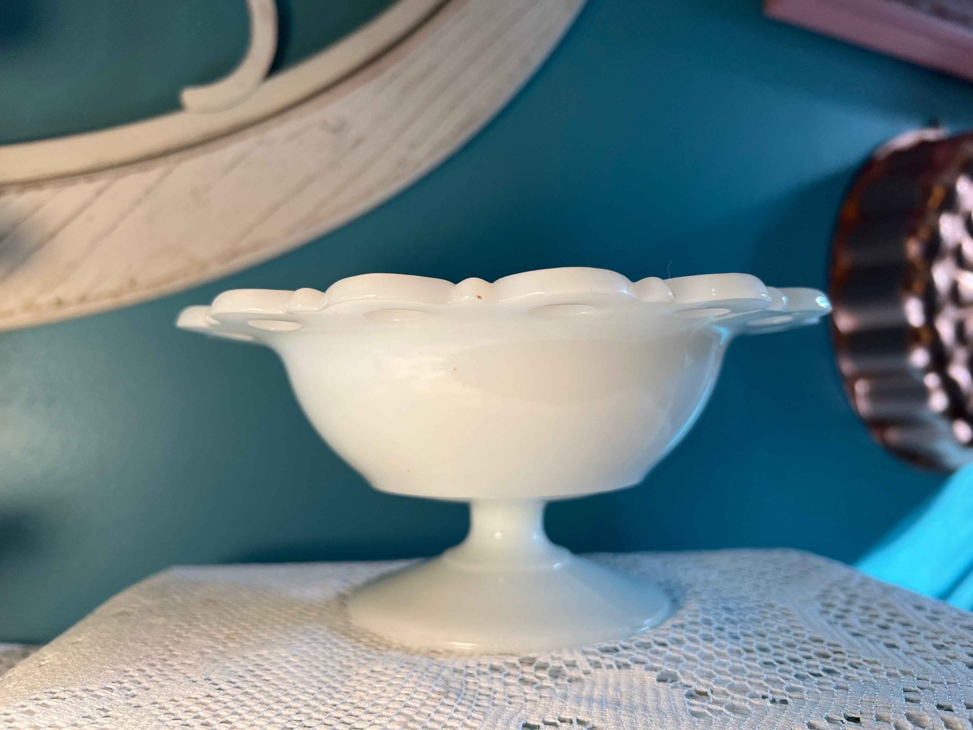 Vintage Anchor Hocking Lace Edge Milk Glass Bowl | Old Colony Candy Dish
