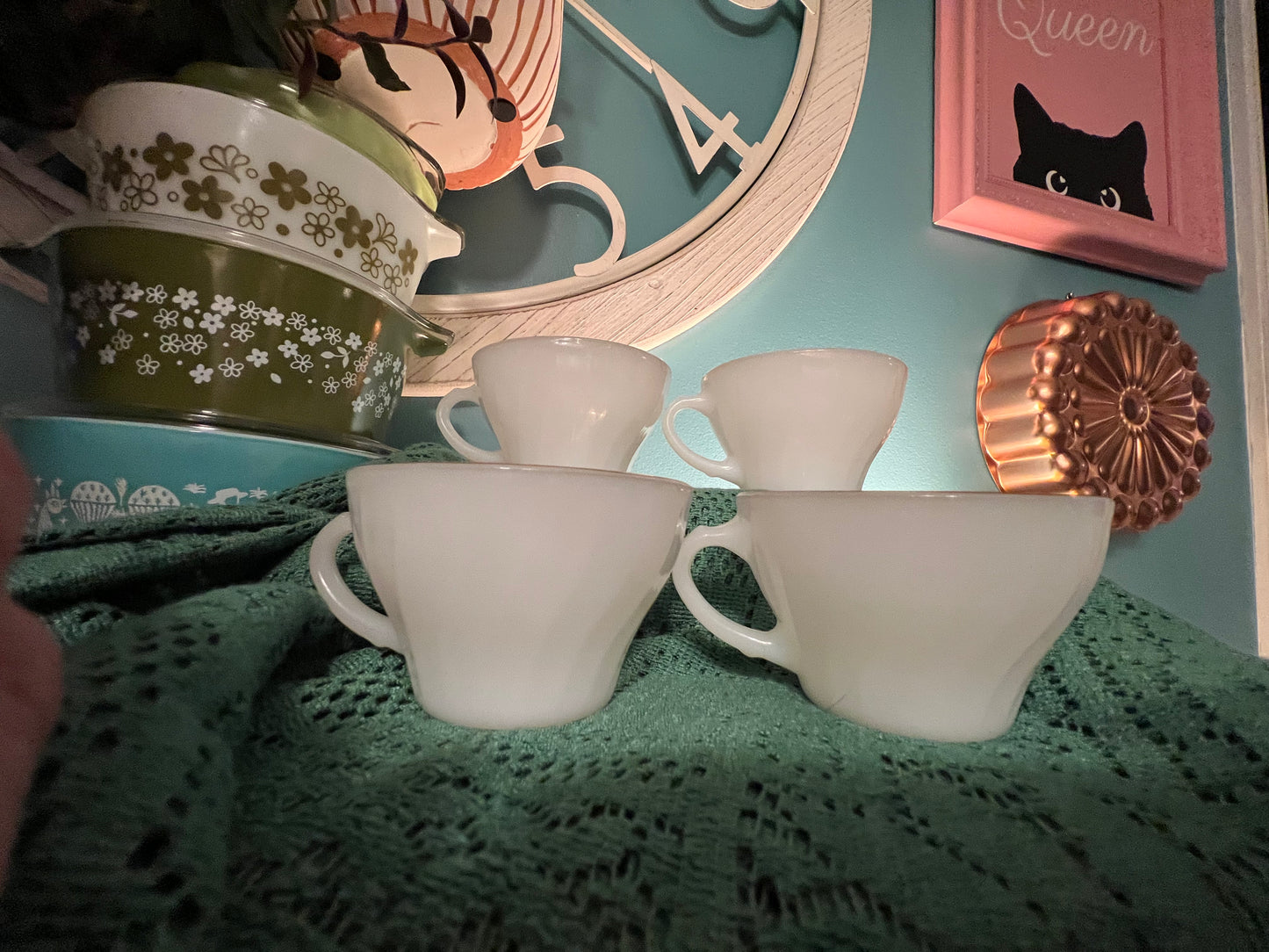 Vintage Anchor Hocking Swirl pattern milk glass teacup with gold rim