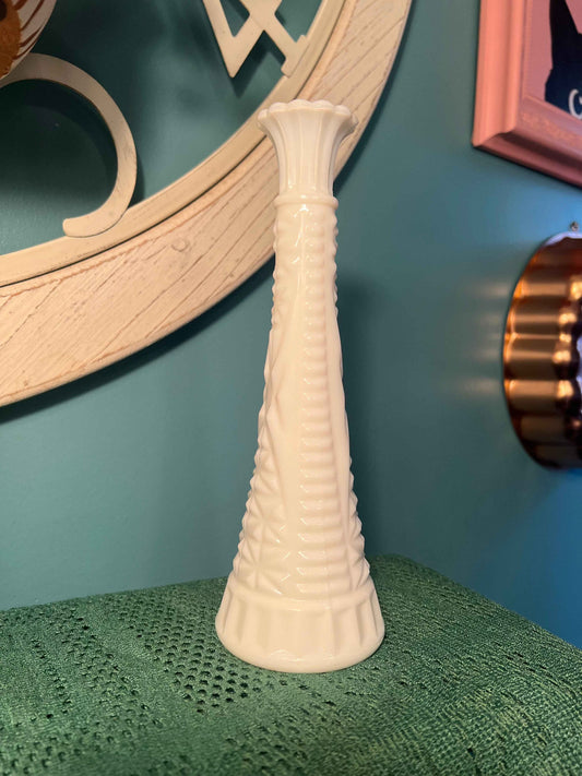 Vintage Anchor Hocking Milk Glass Bud Vase – Stars & Bars Starburst | 9" | Collectible Home Decor