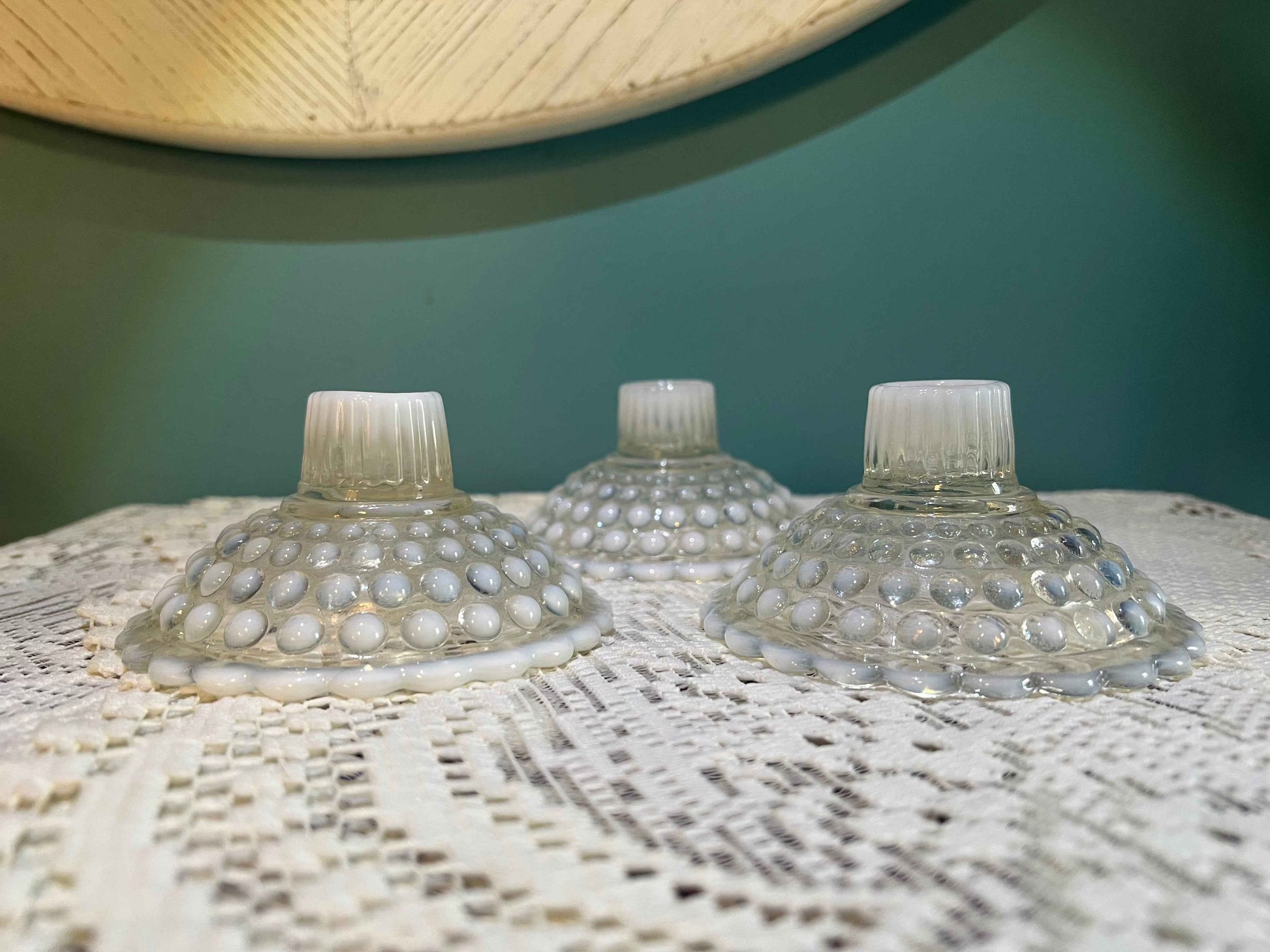 Vintage Anchor Hocking Moonstone Opalescent Hobnail Candle Holder | 1940s Glass