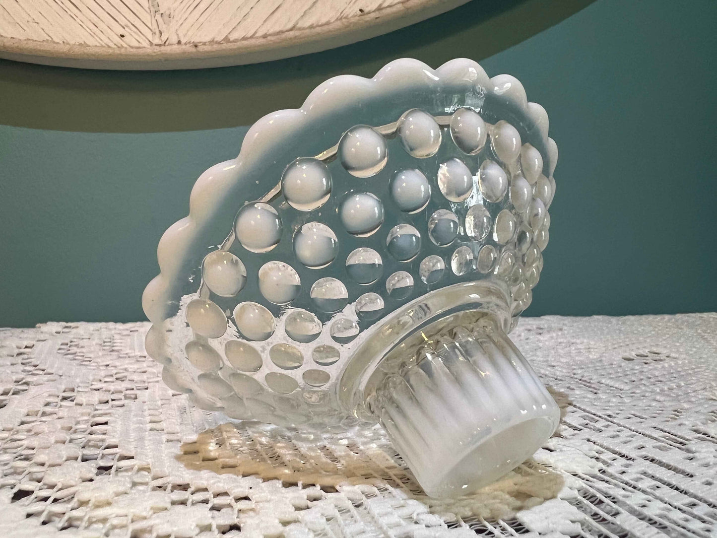 Vintage Anchor Hocking Moonstone Opalescent Hobnail Candle Holder | 1940s Glass
