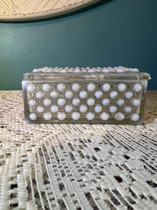 Vintage Anchor Hocking Moonstone Opalescent Glass Lidded Trinket Box | Hobnail