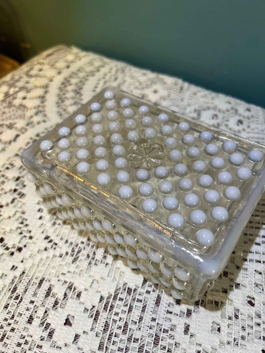 Vintage Anchor Hocking Moonstone Opalescent Glass Lidded Trinket Box | Hobnail
