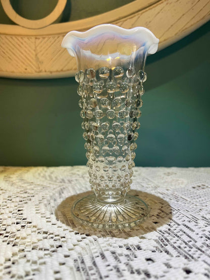 Vintage Anchor Hocking Moonstone Hobnail Opalescent Vase | Fluted Rim Glass