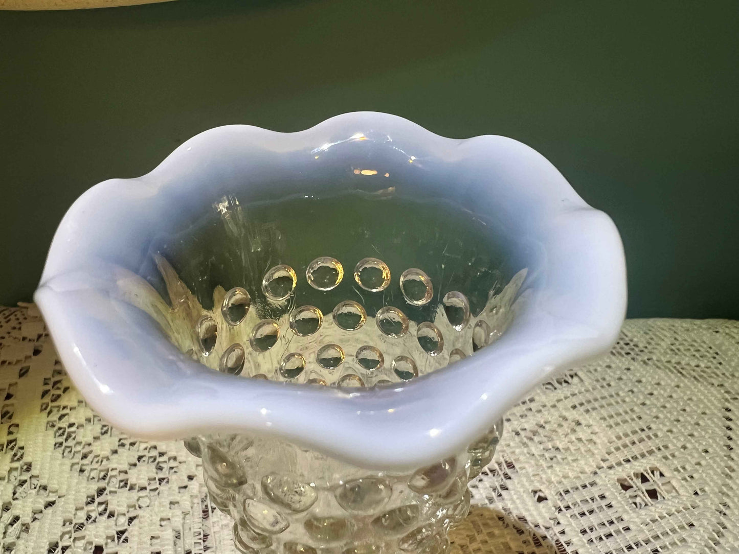 Vintage Anchor Hocking Moonstone Hobnail Opalescent Vase | Fluted Rim Glass