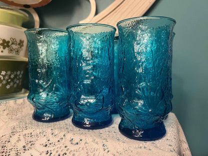 Anchor Hocking Rain Flower Glasses | Electric Blue | Vintage Glassware