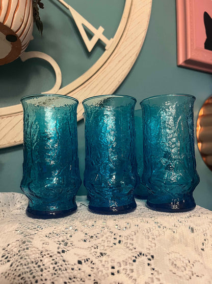 Anchor Hocking Rain Flower Glasses | Electric Blue | Vintage Glassware