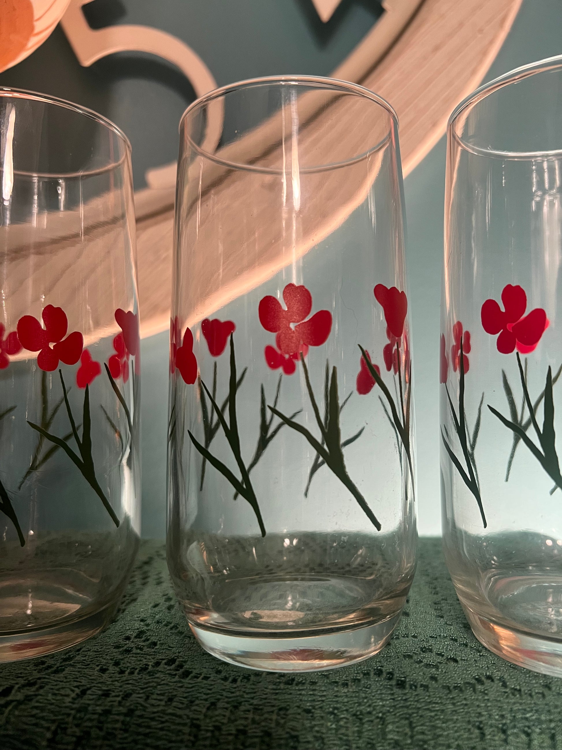 Vintage Anchor Hocking Red Poppy mid-century floral tumblers set of 6
