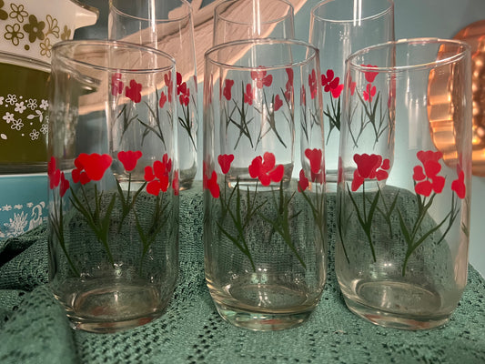 Collectible vintage floral glass tumblers with red flowers and green stems