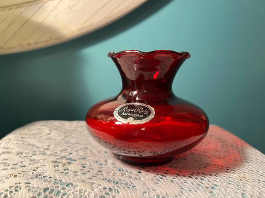 Vintage Anchor Hocking Royal Ruby Red Glass Vase | Original Sticker | Vintage Glass Decor