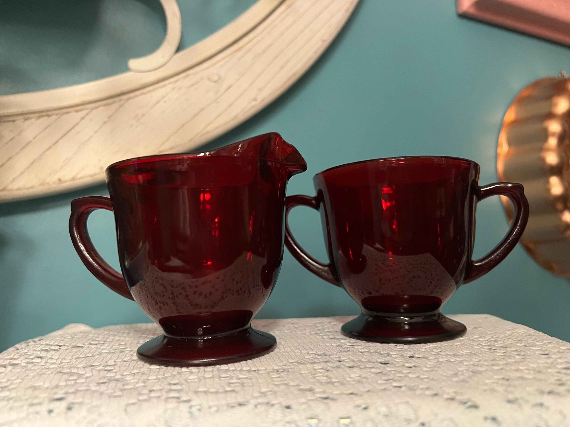 Anchor Hocking Royal Ruby Footed Creamer & Open Sugar Bowl | Vintage Red Depression Glass | Collectible Tableware