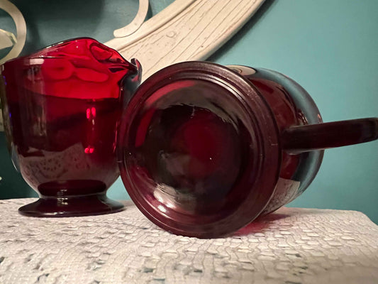 Anchor Hocking Royal Ruby Footed Creamer & Open Sugar Bowl | Vintage Red Depression Glass | Collectible Tableware