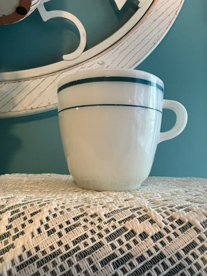 Vintage milk glass mug with teal stripes