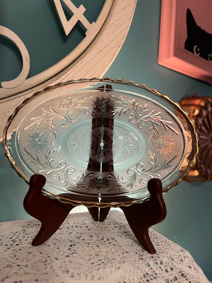 Vintage Anchor Hocking Tiara Sandwich clear glass oval serving bowl with gold rim
