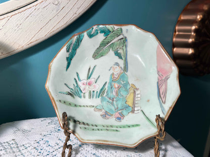 Antique Chinese Famille Rose Porcelain Dish | Qing Dynasty Export Ware | Footed Octagonal