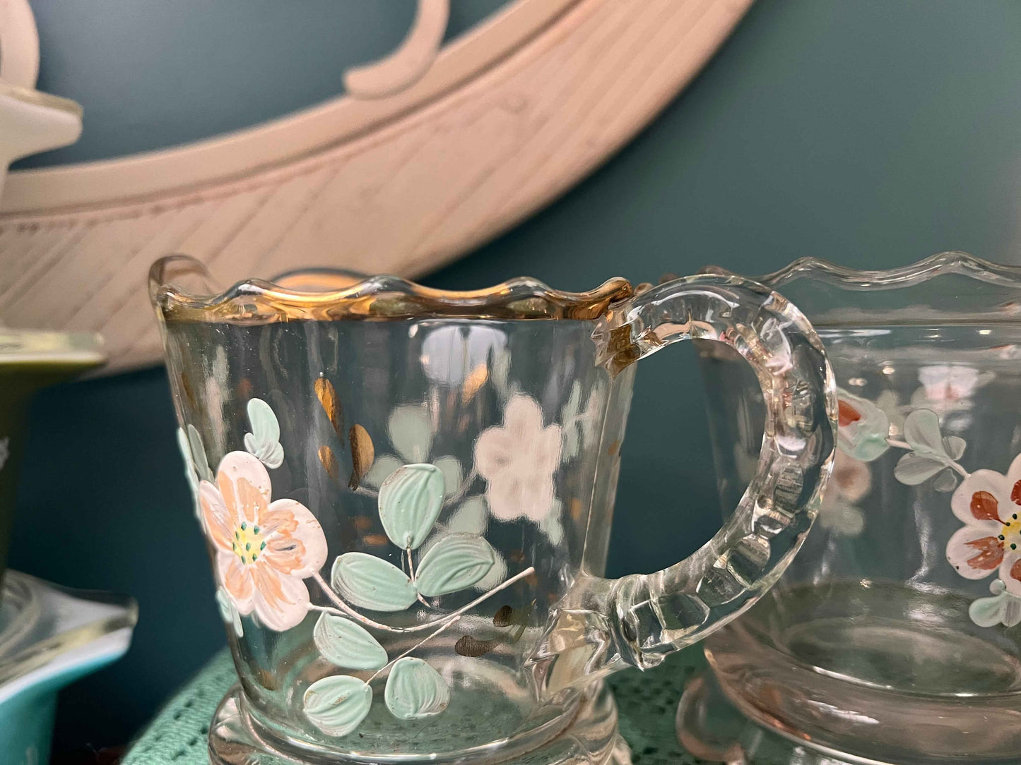 Antique Jefferson Glass Vogue Spooner & Creamer | EAPG c.1904 | Hand-Painted Dogwood Flowers