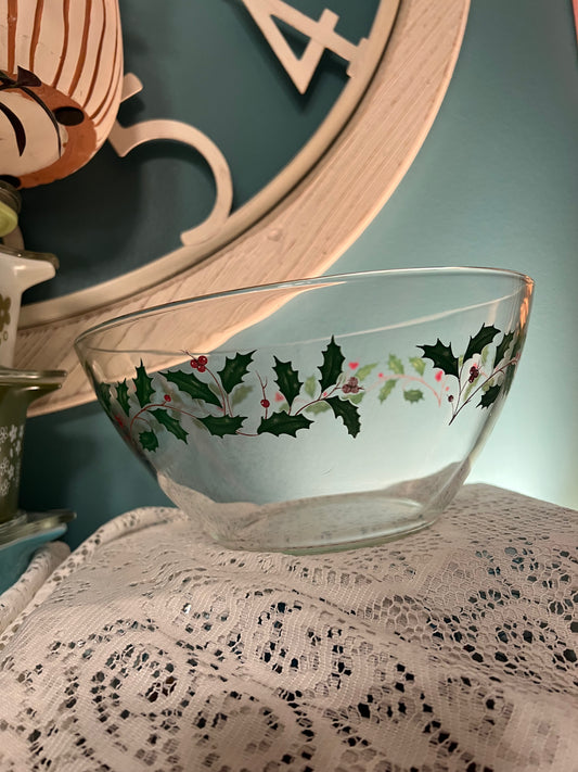 Vintage Arcoroc France Holly Berry clear glass serving bowl with gold trim
