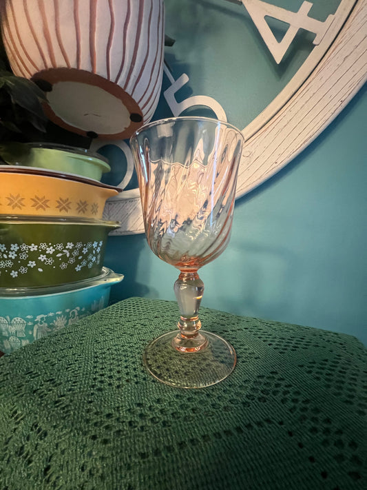 Vintage 1960s Arcoroc Rosaline Pink Swirl Optic wine glass with teardrop stem