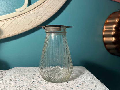 Vintage Art Deco Glass Syrup Pitcher | Ribbed Pear-Shaped Jar | Metal Top