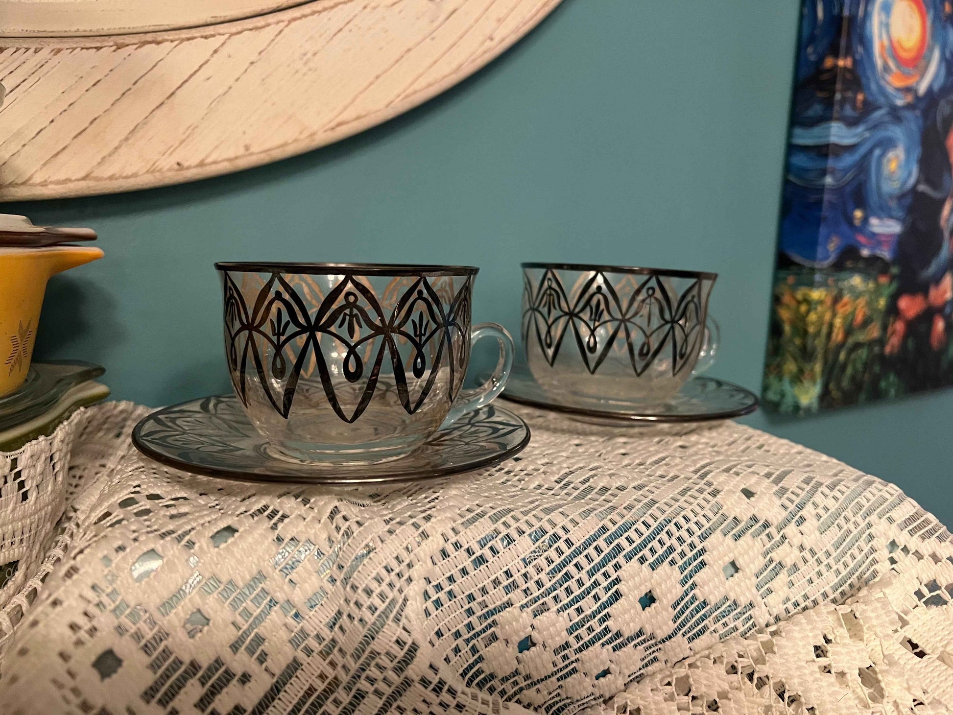 Vintage Silver Overlay Teacups and Saucers – Art Nouveau Style, Set of 3