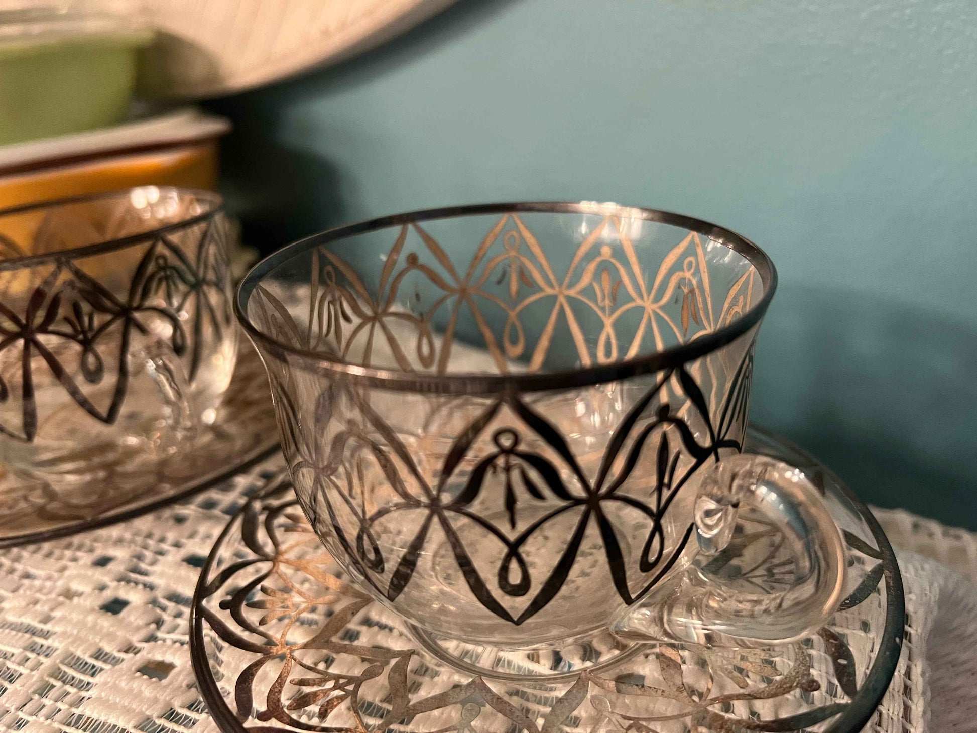 Vintage Silver Overlay Teacups and Saucers – Art Nouveau Style, Set of 3