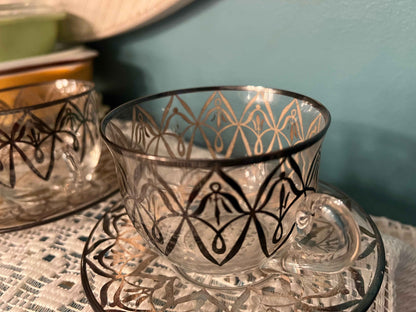 Vintage Silver Overlay Teacups and Saucers – Art Nouveau Style, Set of 3