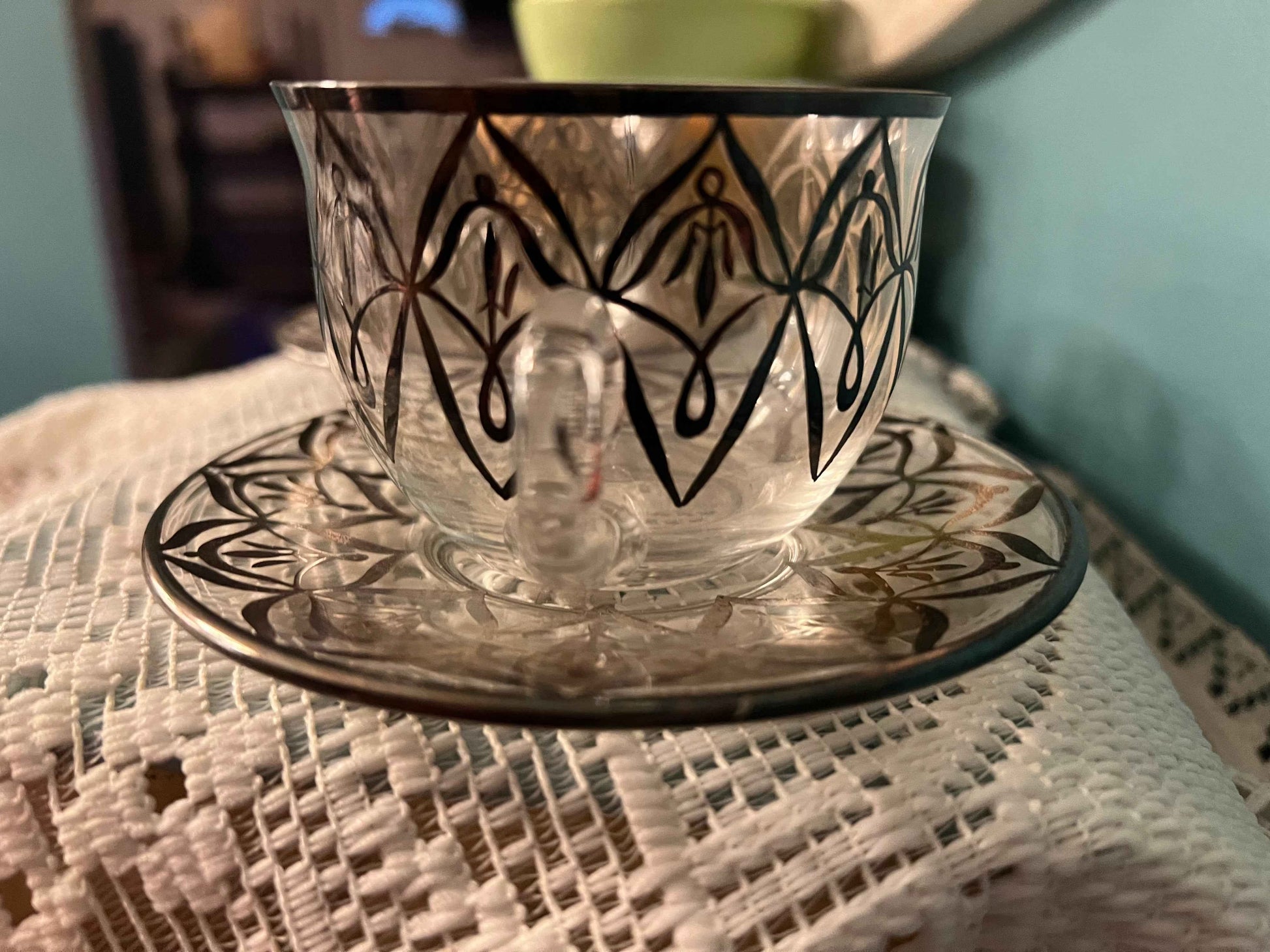 Vintage Silver Overlay Teacups and Saucers – Art Nouveau Style, Set of 3