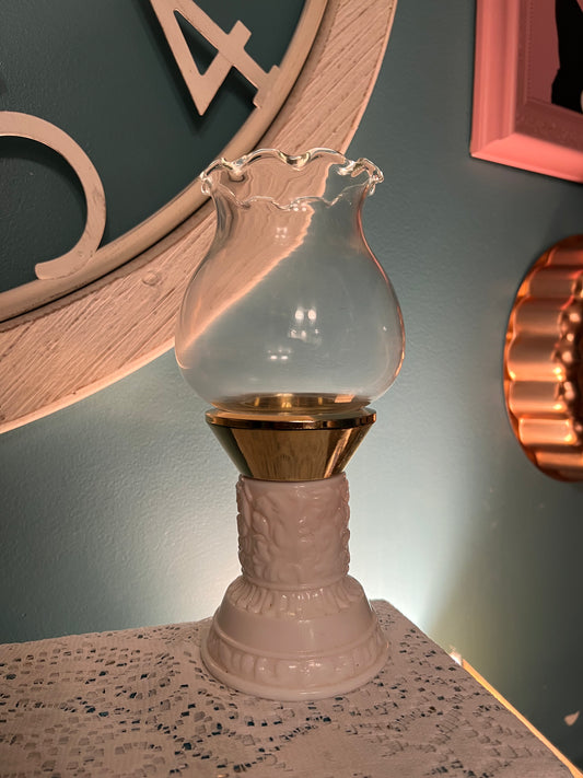 Vintage Avon White Milk Glass Perfume Bottle and Hurricane Lamp collectible