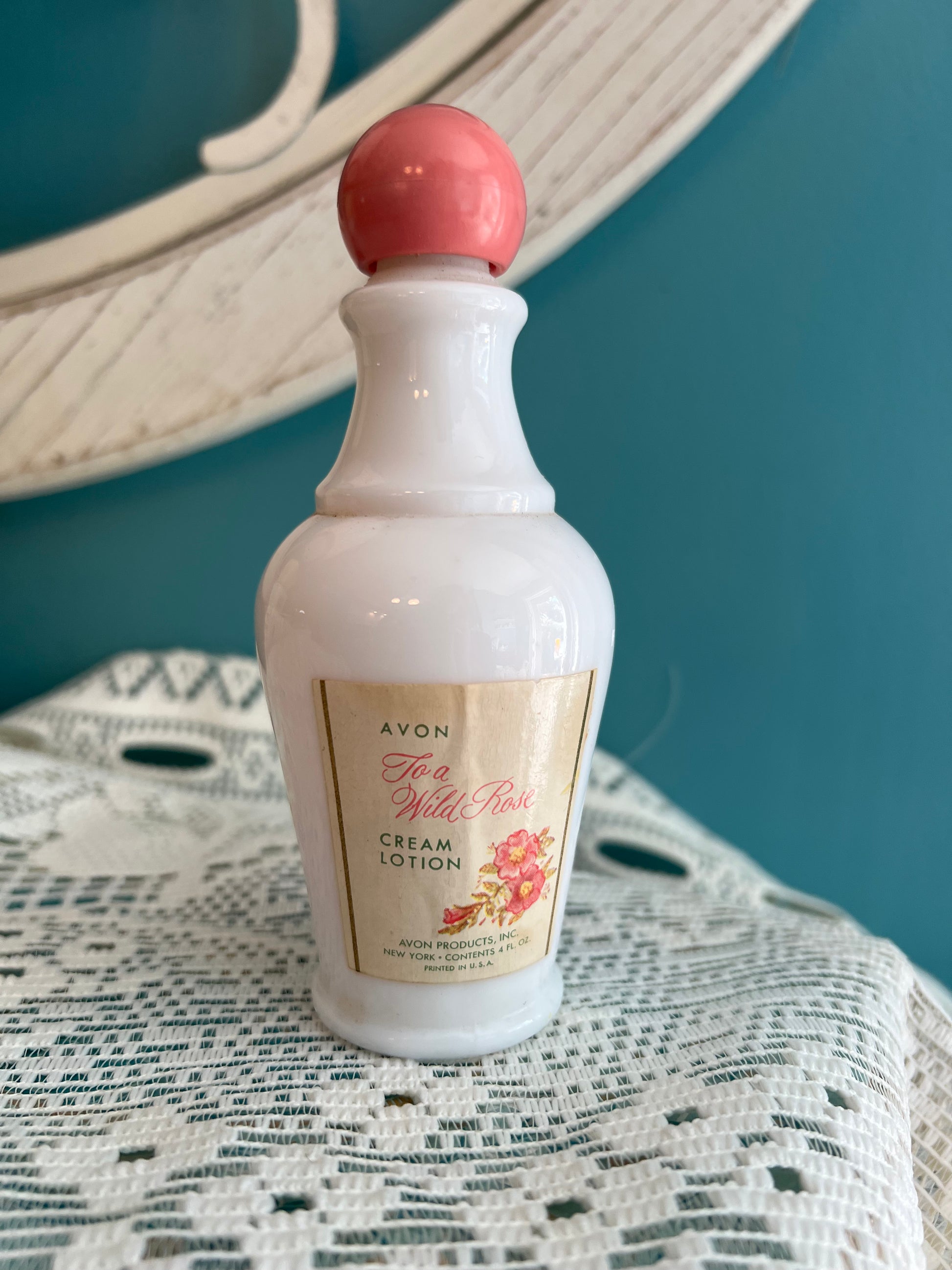 Vintage Avon To a Wild Rose milk glass cream lotion bottle 6" tall