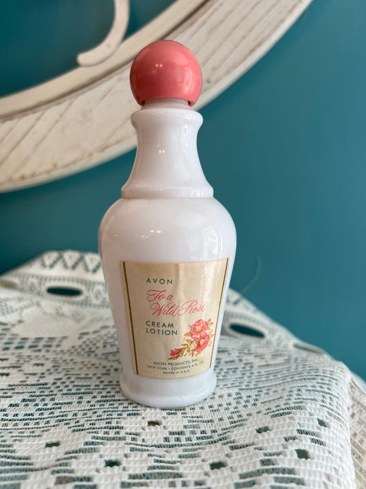 Vintage Avon To a Wild Rose milk glass cream lotion bottle 6" tall