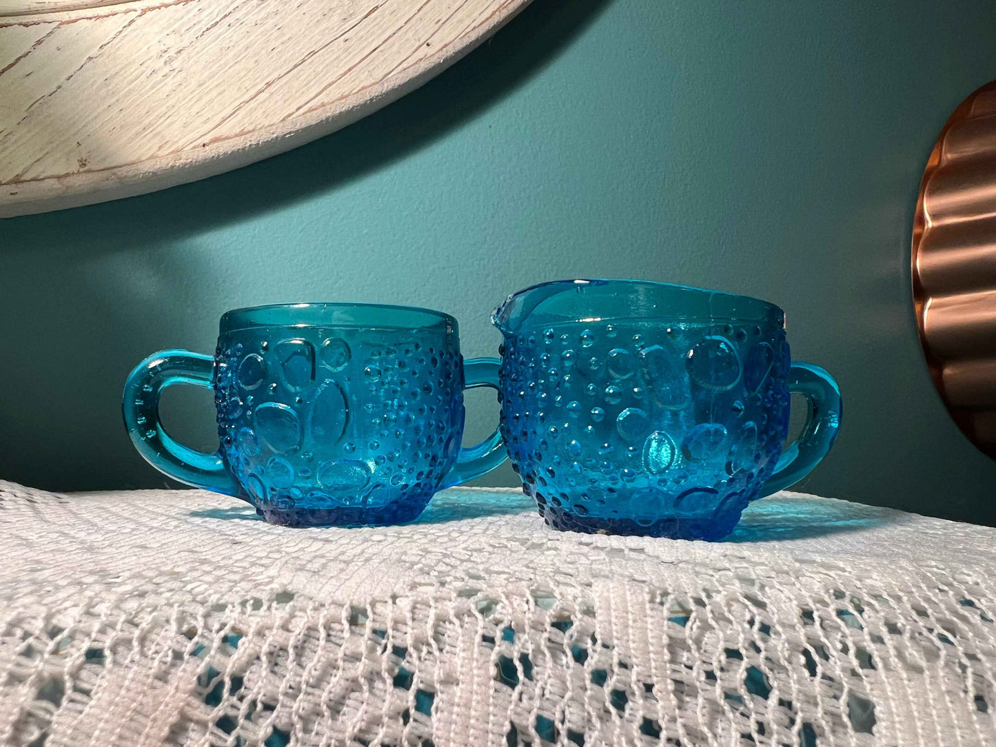 Vintage Cobalt Blue Depression Glass Open Sugar Bowl & Creamer | Water Drops Pattern