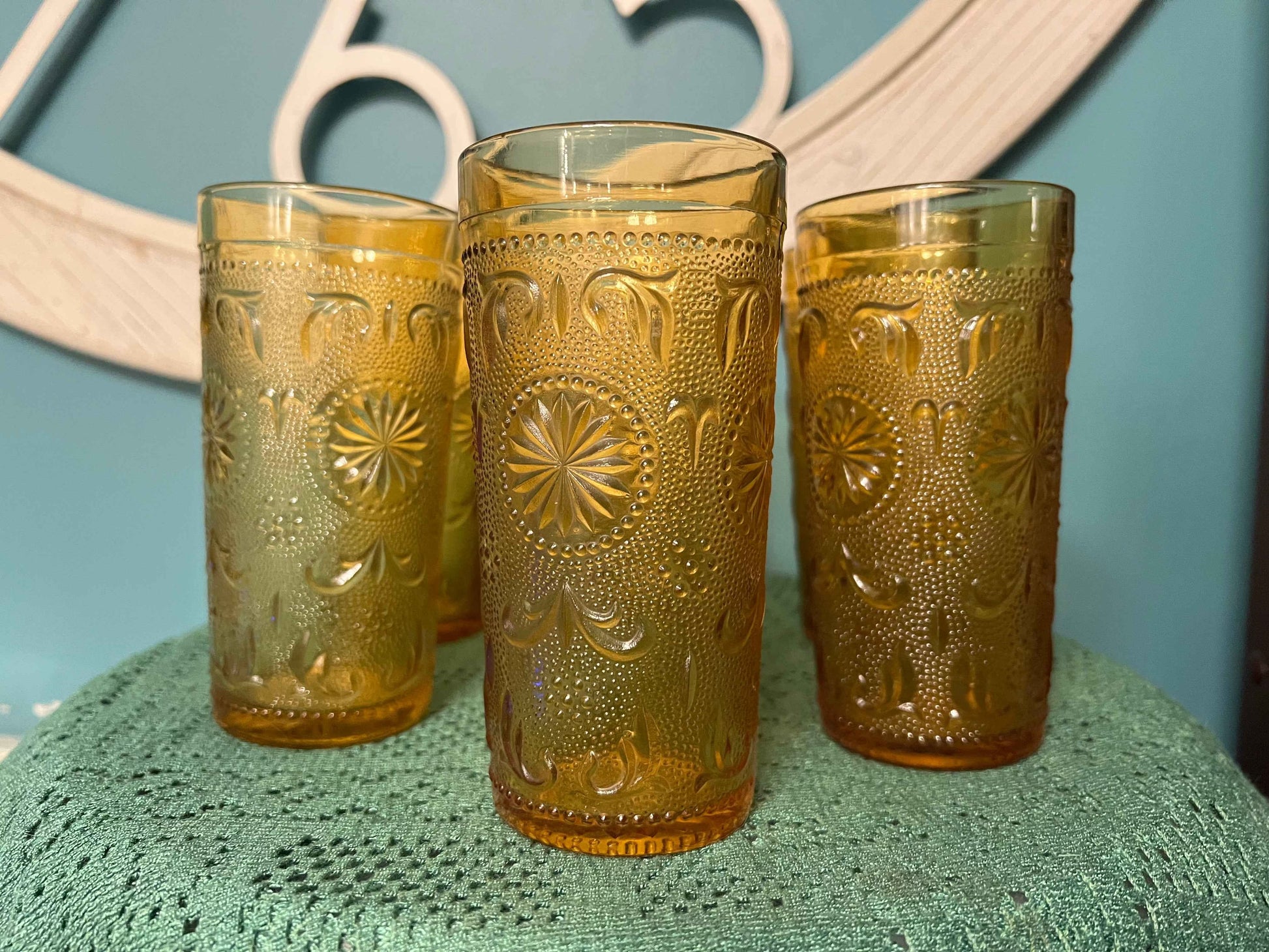 Brockway Glass American Concord Amber Tumblers | Starburst Scroll Glassware Set of 6