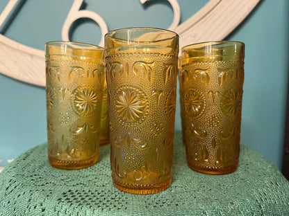 Brockway Glass American Concord Amber Tumblers | Starburst Scroll Glassware Set of 6