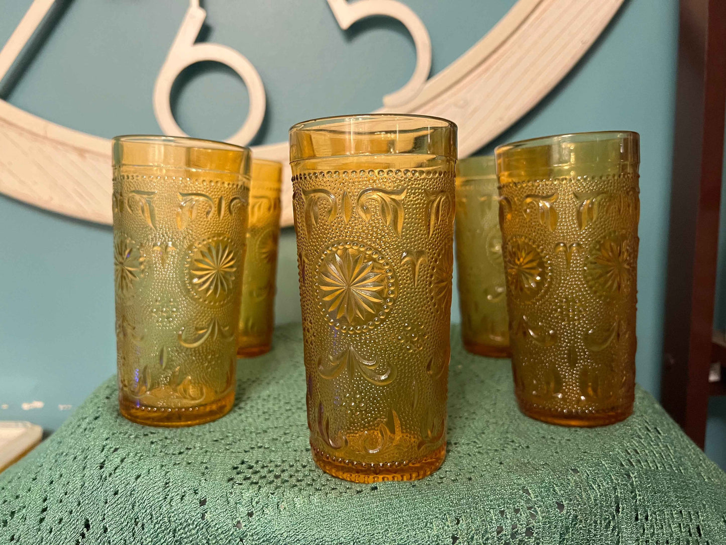Brockway Glass American Concord Amber Tumblers | Starburst Scroll Glassware Set of 6