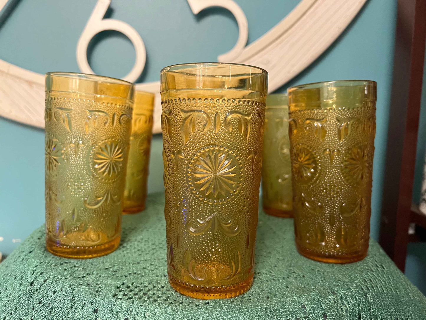 Brockway Glass American Concord Amber Tumblers | Starburst Scroll Glassware Set of 6