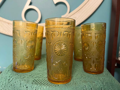 Brockway Glass American Concord Amber Tumblers | Starburst Scroll Glassware Set of 6