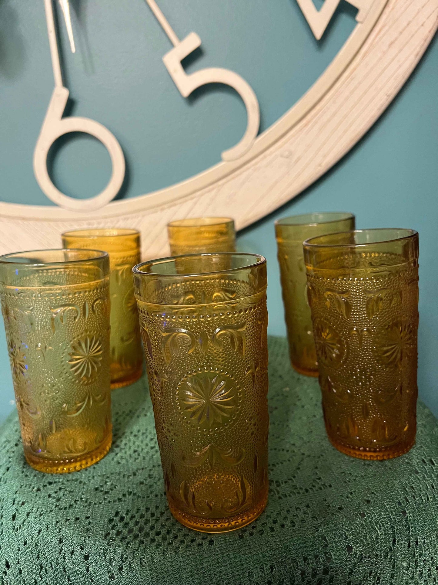 Brockway Glass American Concord Amber Tumblers | Starburst Scroll Glassware Set of 6