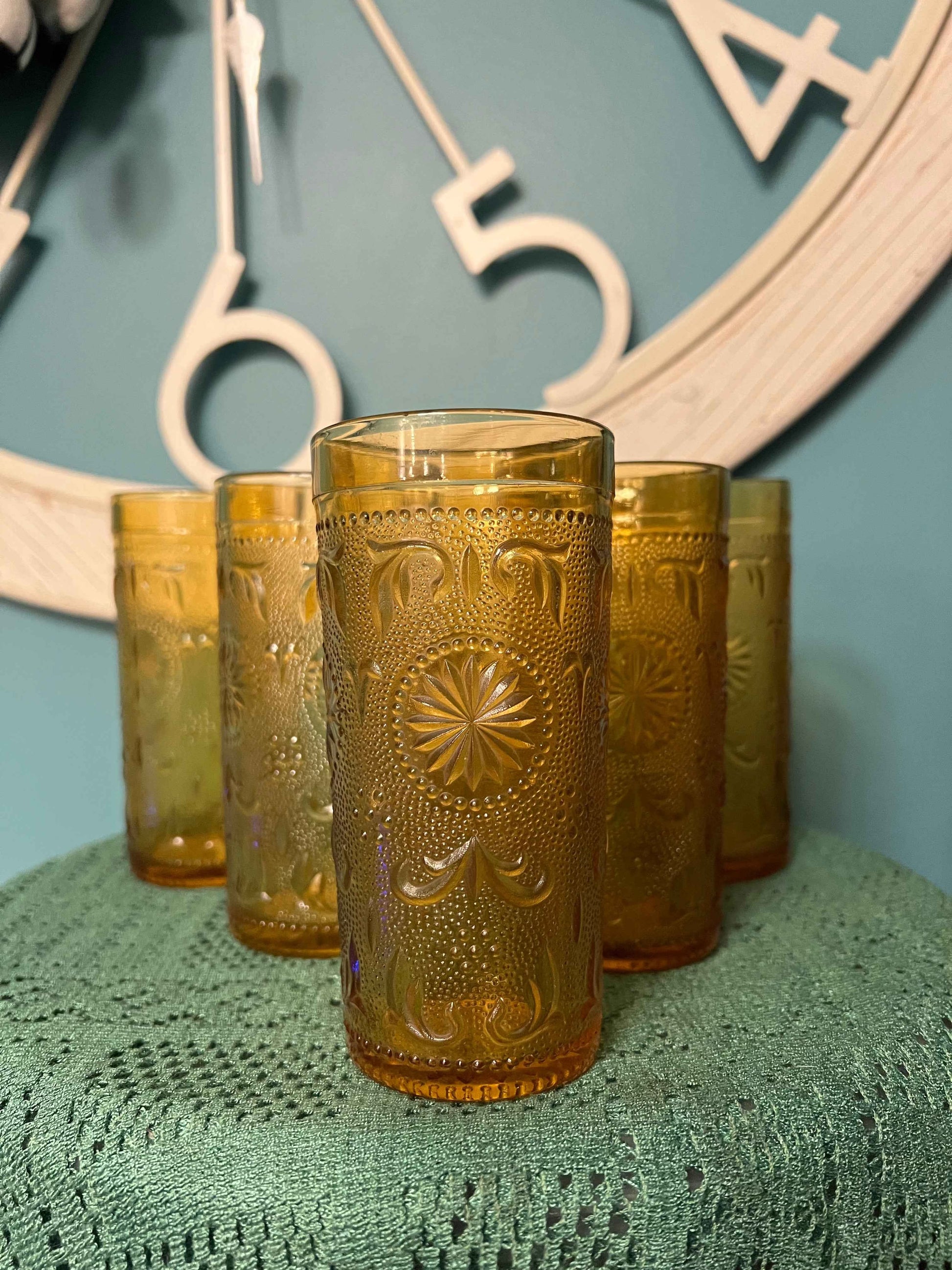 Brockway Glass American Concord Amber Tumblers | Starburst Scroll Glassware Set of 6